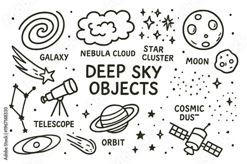 Deep Sky Doodles. Deep sky objects. Hand-drawn doodle illustration deep sky objects galaxy spiral, nebula cloud, star cluster, telescope, shooting star, comet,