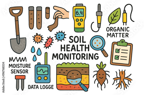 Soil Health Doodle. Soil health monitoring. Colorful Hand-drawn doodle Children illustration Soil health monitoring spade, soil cores, texture ribbon, pH