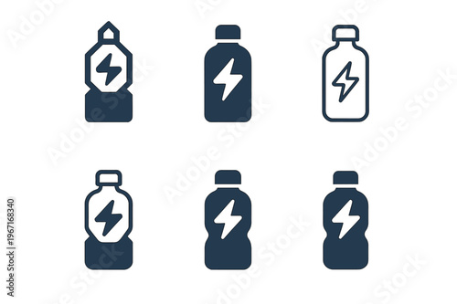 Athletic Health Icons. Sports performance and athletic health. Icon set. Set Logo of athletic health: hydration bottle with energy bolt. harmonious logo