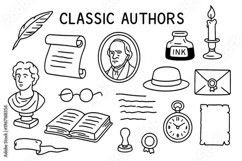 Classic Authors Icons. Classic authors. Hand-drawn doodle illustration classic authors quill, scroll, old book, ink bottle, candle, glasses, portrait frame,