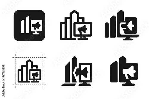 Digital Branding Icons. Building a brand through digital content and advertising. Icon set. Set Logo of Building a brand through digital content and
