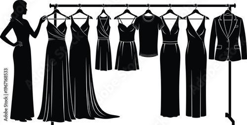 Fashion clothing rack silhouette with person, dresses shirts blazer on hangers, outfit selection lifestyle illustration reference – flavector