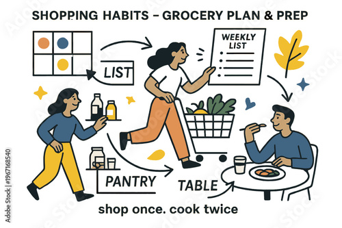 Grocery Planning Flow. Shopping Habits ? Grocery Plan & Prep. A minimal meal grid links to a weekly list; arrows flow from pantry > market > table. Caption