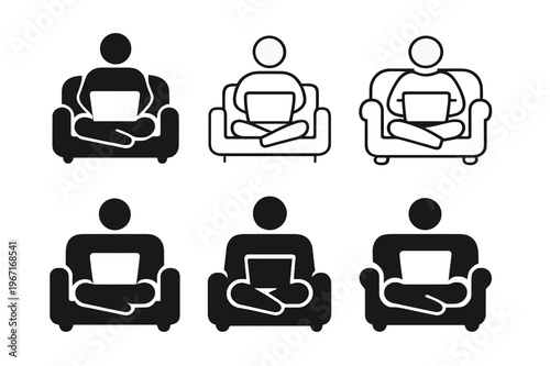 Remote Work Icons. Working with a laptop on the couch. Icon set. Set Logo of working with a laptop on the couch: remote worker sitting cross-legged with