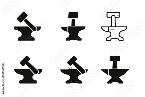 Renaissance Craft Logos. Craft renaissance. Icon set. Set Logo of Craft renaissance: blacksmith hammer and anvil. harmonious logo variations of the same