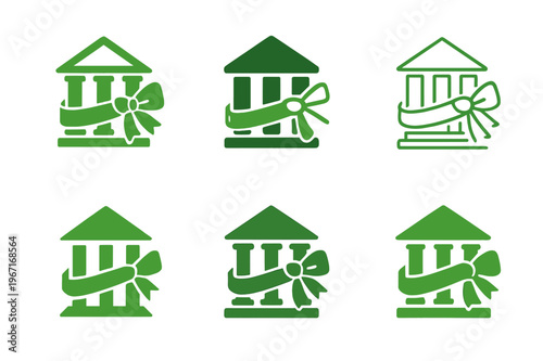 Green Bond Logo Variations. Green bonds. Icon set. Set Logo of green bonds: bank facade wrapped with a green ribbon. harmonious logo variations of the same