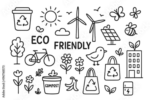 Eco-Friendly Doodle Icons. Eco-friendly illustration. Hand-drawn doodle illustration Eco-friendly illustration, recycling bins, solar panels, wind turbines,