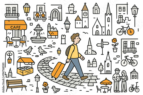 European Walking Adventure. European travel walk. Hand-drawn doodle illustration person walking (colored), cobblestone street (colored), historic buildings