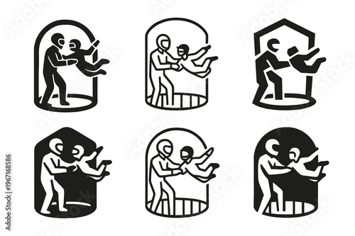 Indoor Skydiving Icons. Indoor skydiving in specialized wind tunnels. Icon set. Set Logo of Indoor skydiving in specialized wind tunnels: instructor guiding