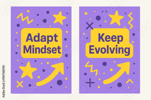 Adapt and Evolve Banners. Adapt mindset. Two vertical A6 banners with safe margins, centered composition, no elements touching edges, memphis, purple and