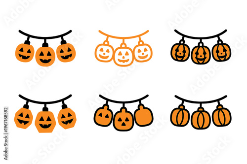 Pumpkin Decoration Icons. Decorating with pumpkins. Icon set. Set Logo of decorating with pumpkins: pumpkin fairy lights. harmonious logo variations of the
