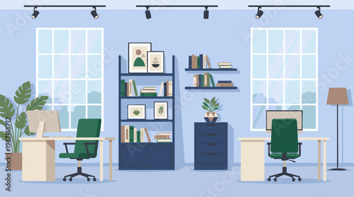 Modern Office Interior with Two Workstations, Bookshelves, and Large Windows