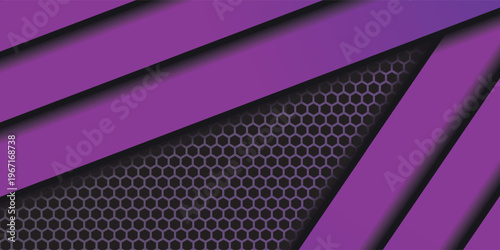 Dark purple technology hexagonal vector background. Pink bright energy flashes under hexagon in dark technology modern futuristic background vector illustration. Dark violet honeycomb texture grid.