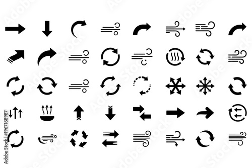 Wind Flow Arrows Icons Pack, Directional Air Movement Silhouette Vector Sheet