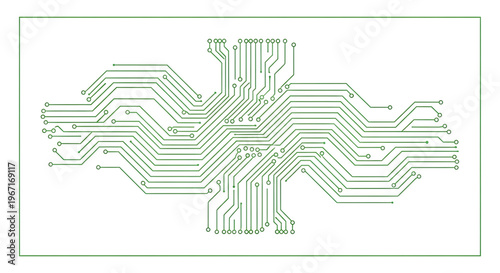 A green circuit board illustration on a white background, representing modern technology and electronics.