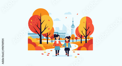 Two young girls walk hand in hand through an autumnal park in a city