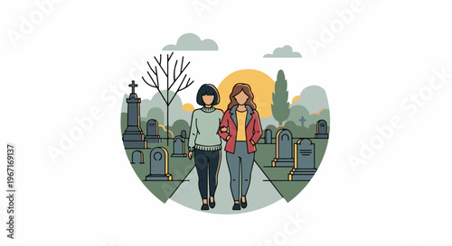 Two women walk arm in arm through a graveyard at sunset