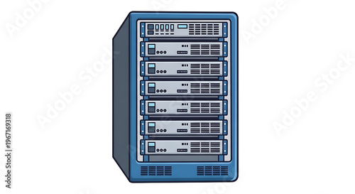 A blue server tower with multiple rows of computer hardware and ventilation systems