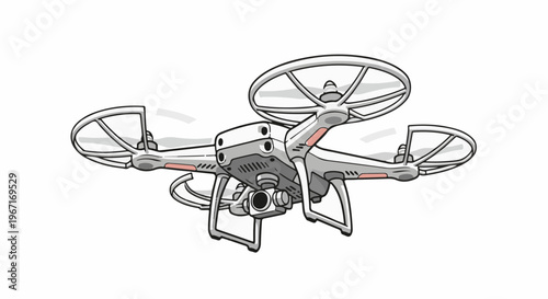 White quadcopter drone with camera and propellers, cartoon style