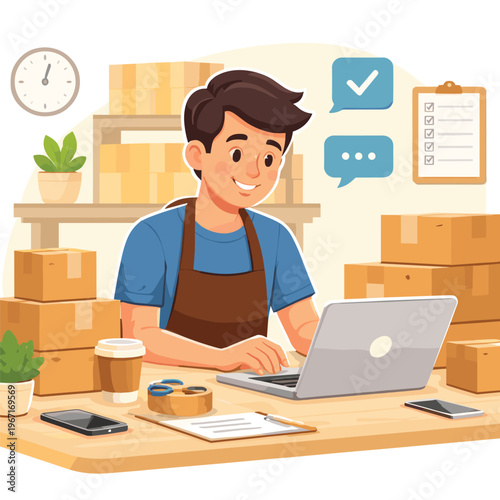 Shopkeeper At Work Man With Laptop In Garden