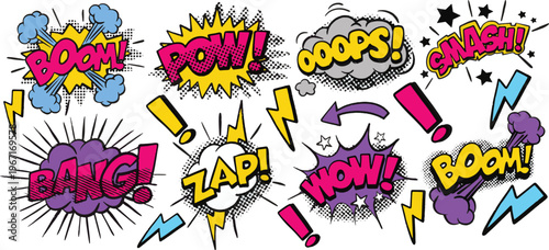 Comic Sound Effects Icon Set. Boom, Pow, Bang, Wow, Oops, Smash, Zap Hand Drawn Pop Art Explosion Text Bubbles Halftone Cartoon Elements PNG
