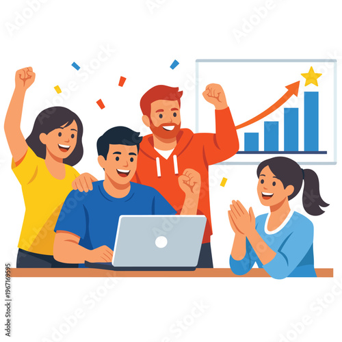 Team Celebration Four People Celebrating Victory With Confetti