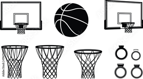 Basketball silhouette collection featuring hoop, net, backboard and ball elements isolated on white background, sports equipment vector illustration set for game design