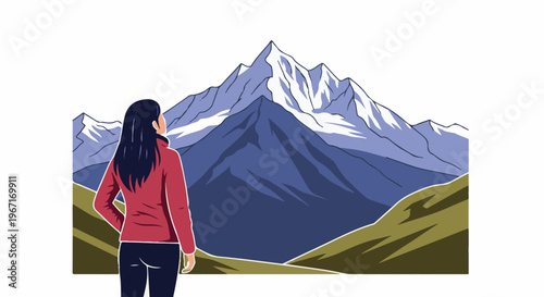 Woman gazes at majestic snow-capped mountain range in the distance