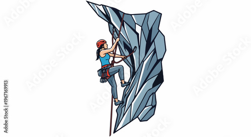 Woman in helmet scales a rock face with ropes and gear