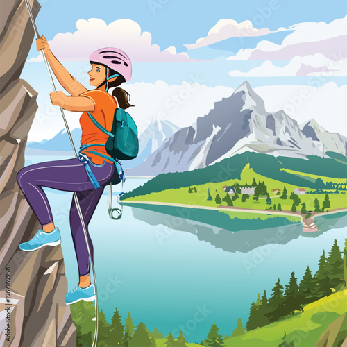 Woman ascending rock face with mountain view illustration for adventure