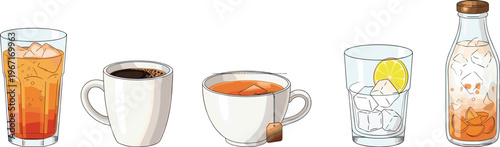 Assorted beverage illustration set featuring iced tea, hot coffee, tea cup, lemon water glass and infused bottle drinks for cafe menu design