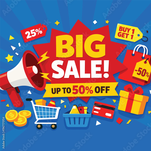 Big Sale Promotion With Megaphone With Shopping Cart