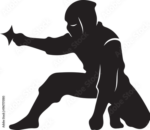 Silhouette of ninja in action pose with shuriken star weapon, martial arts.