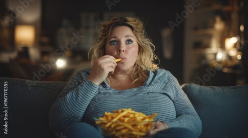 Woman eating french fries on couch with relaxing, and watching TV.