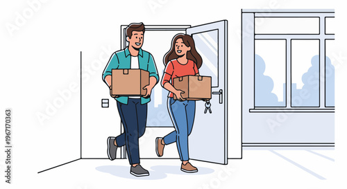 Couple excitedly enters new home carrying moving boxes with keys