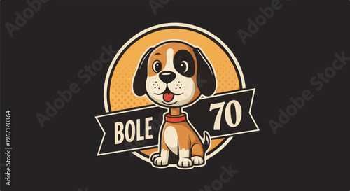 Cartoon dog with vintage emblem and text on black background