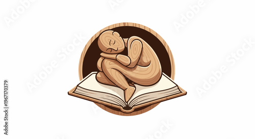 Wooden figure sleeps peacefully curled on an open book