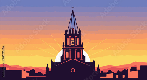 Silhouette of a church steeple against a vibrant pixelated sunset