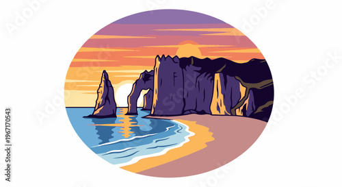 Colorful pixel art of rocky sea arch cliffs at sunset over the ocean