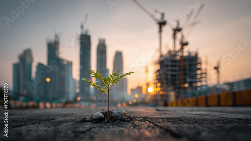 A new concept of development and progress with young plants growing alongside the modern city skyline under construction.