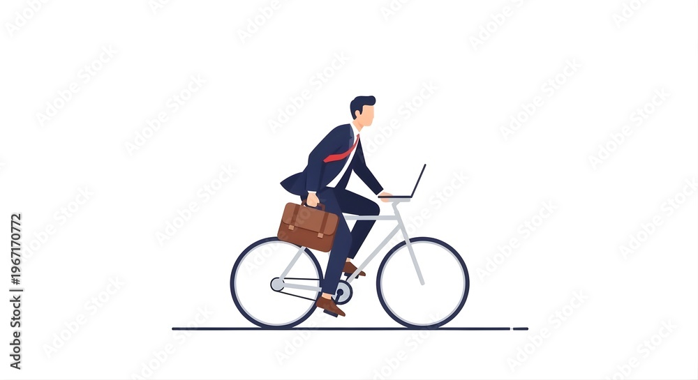 Fototapeta premium Earth Day commuter rides bicycle to work with laptop and briefcase on a sunny day