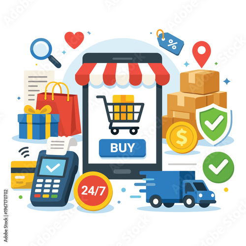 Online Shopping Smartphone With Shopping Cart With Payment Terminal