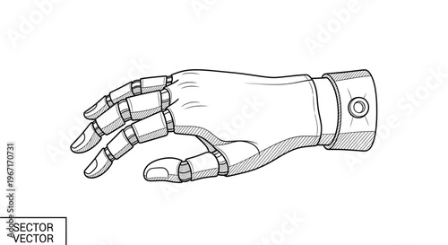 A robotic hand illustrated in a modern, minimalist style, showcasing mechanical fingers and wrist.