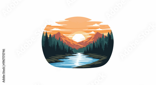 Pixelated sunset over mountains and forest with a flowing river