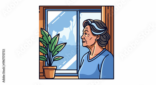 Elderly woman looks out window at a potted plant, blue sky, and trees