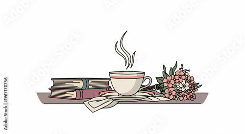 Cozy scene with stacked books, a steaming cup of tea and a floral bouquet