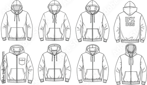 Set of zip up hoodie technical sketches showing front and back views for fashion apparel design mockups and clothing templates