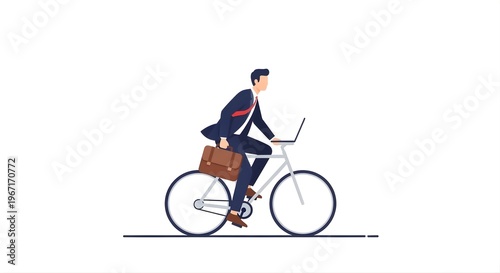 Earth Day commuter rides bicycle to work with laptop and briefcase on a sunny day