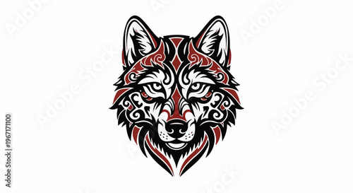 Ornate wolf head with black and red tribal patterns on white background