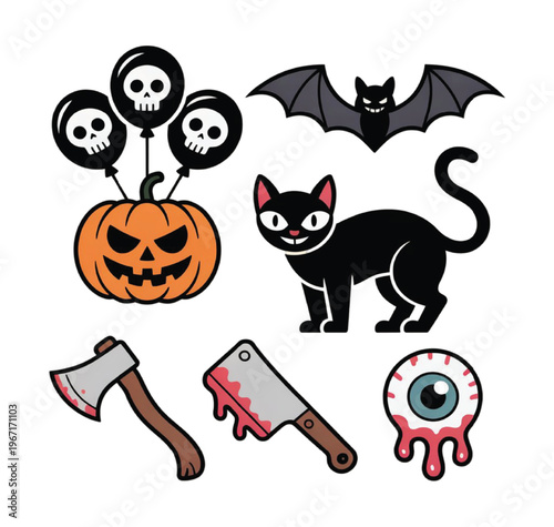 Halloween symbols including black cat pumpkin bat axe cleaver eyeball vector illustration EPS PNG file
